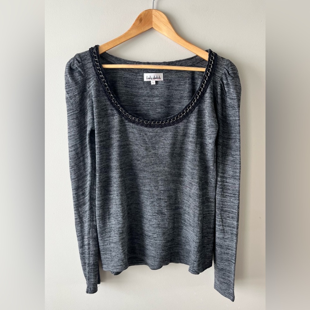 Lady Dutch Dark Grey Chain Trim Scoop Neck Top Size Large -grunge baddie edgy